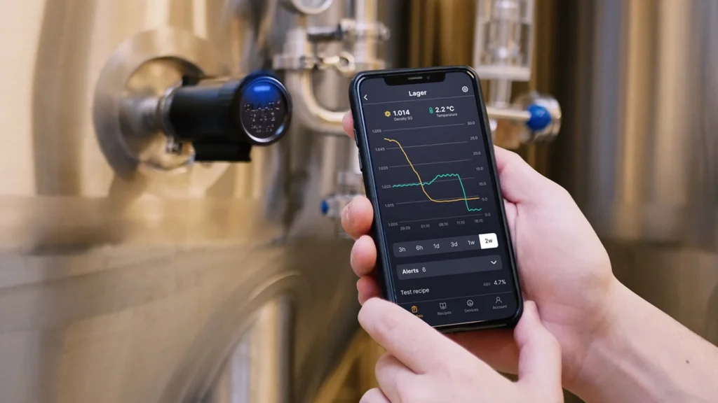 Smartphone mit App zur Anzeige von PLAATO-Sensordaten vor einem Edelstahltank in einer Brauerei