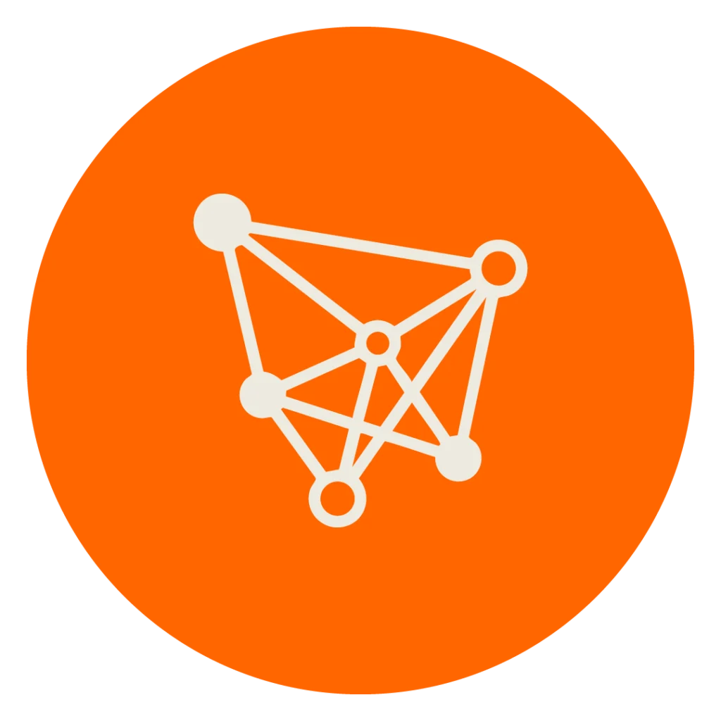 Beiges Icon einer zusammenhängenden Struktur auf orangenem Kreis zur Darstellung der MINGLECONTROL Softwarefunktion "Fortschrittlicher Algorithmus"