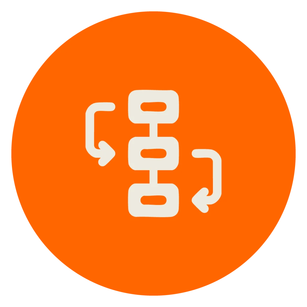 Beiges Icon eines Materialflusses auf orangenem Kreis zur Darstellung der MINGLECONTROL Softwarefunktion "Batch-Lösung"