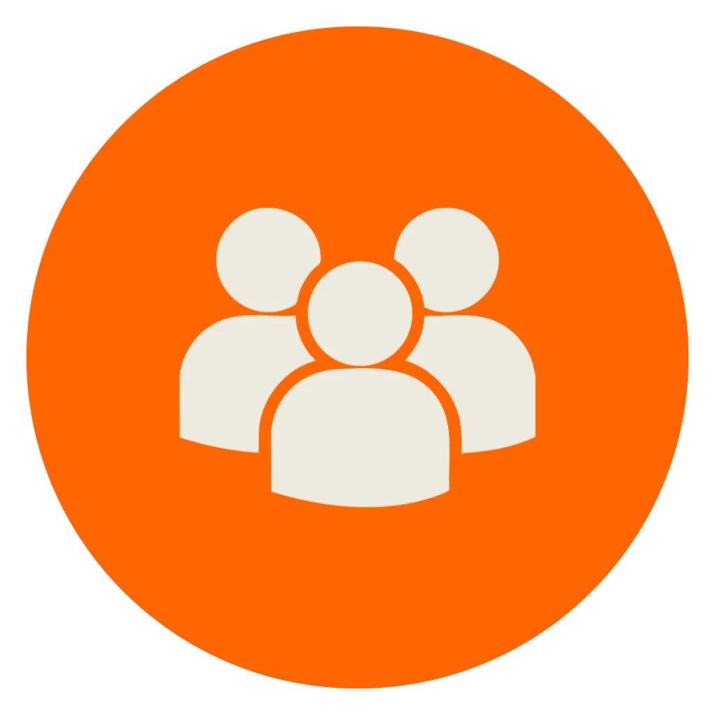 Beiges Icon von drei Männchen auf orangenem Kreis zur Darstellung der MINGLECONTROL Softwarefunktion "Benutzerverwaltung"