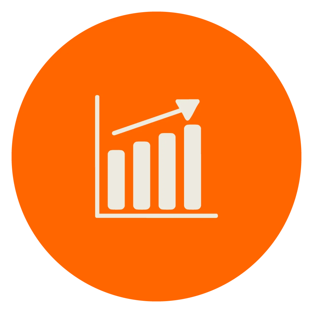 Beiges Icon eines Graphen mit aufsteigenden Tendenzen auf orangenem Kreis zur Darstellung der MINGLECONTROL Softwarefunktion "Charts Modul"