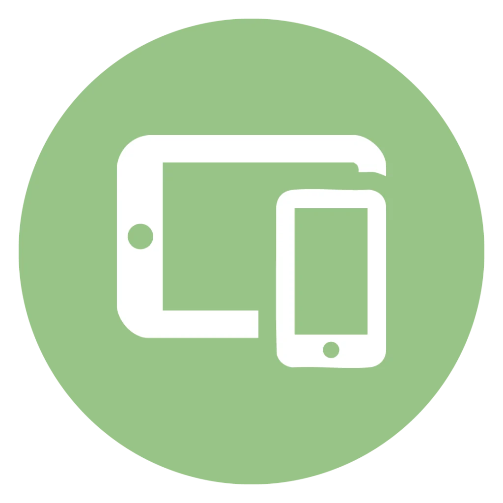 Weißes Icon eines Tablets und Smartphones auf grünem Kreis zur Darstellung der MINGLECONTROL Softwarefunktion "Responsive Benutzeroberfläche"