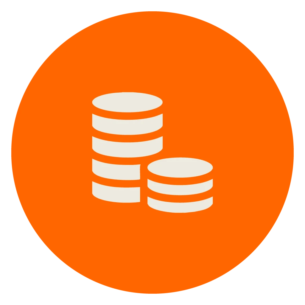 Beiges Icon eines Münzstapels auf orangenem Kreis zur Darstellung der MINGLECONTROL Softwarefunktion "Kosteneinsparung"