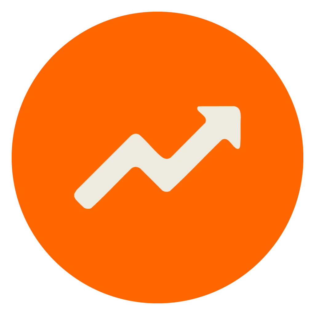 Beiges Icon eines aufsteigenden Pfeils mit To Do-Liste auf orangenem Kreis zur Darstellung der MINGLECONTROL Softwarefunktion "Optimierung"