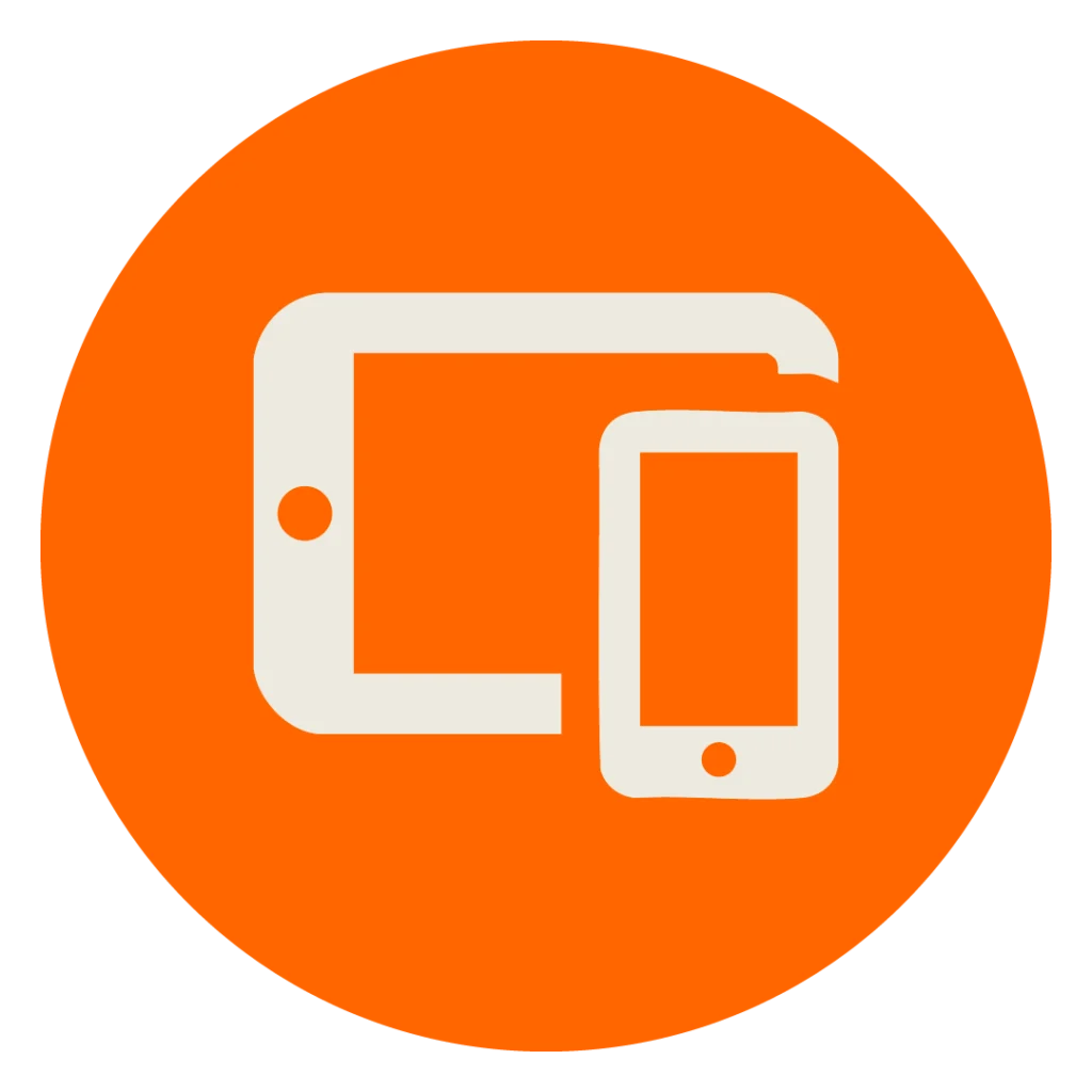 Beiges Icon eines Tablets und Smartphones auf orangenem Kreis zur Darstellung der MINGLECONTROL Softwarefunktion "Responsive Benutzeroberfläche"