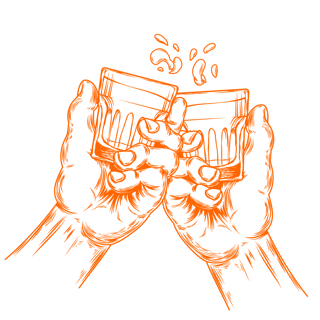 The image shows a copperplate engraving/line drawing of two hands (with part of the arm) each holding a glass and clinking them together. The copperplate engraving is orange.