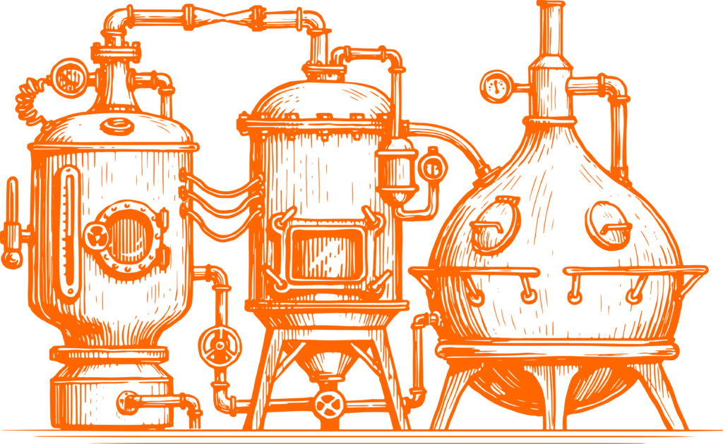 Drei alte Braukessel verbunden mit einem Rohrsystemen, Kupferstich Illustration in orange
